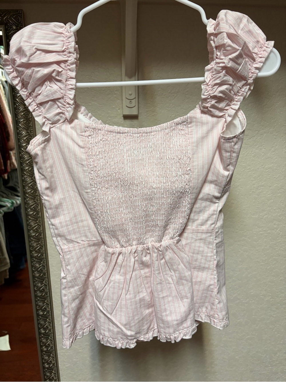 Hollister Light Pink Striped Ruffle-Sleeve Button Front Top - Picture 2 of 3